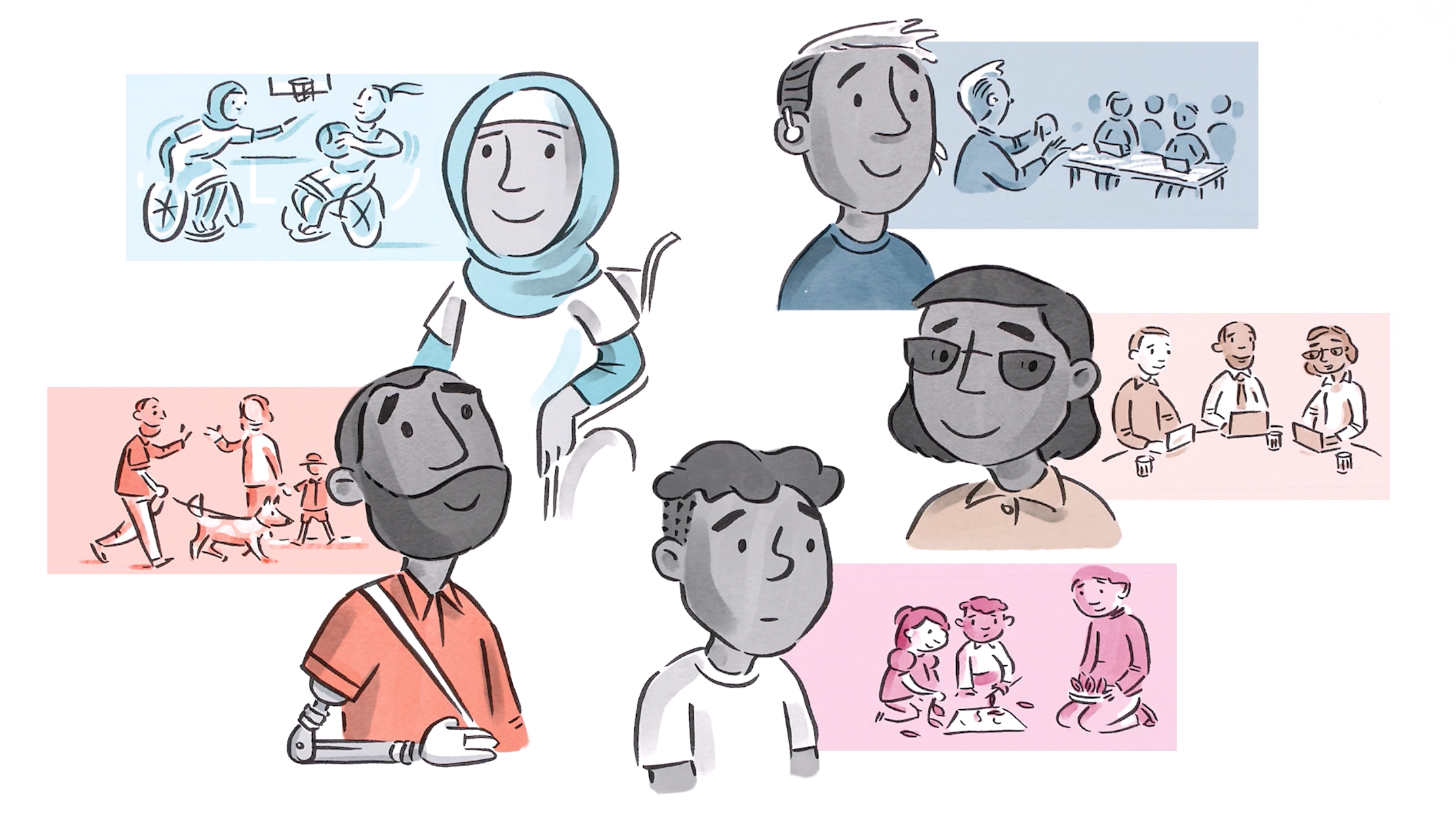 Image of 5 different characters, showing each with a dream for access and inclusion